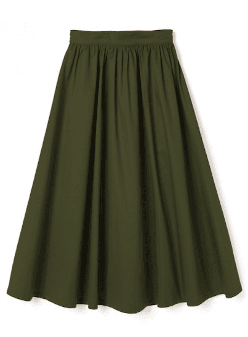 GRLのブロードフレアスカートは定番七分丈カーキスカート